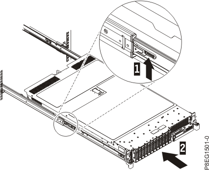 Lift the release latches and push the server into the rack